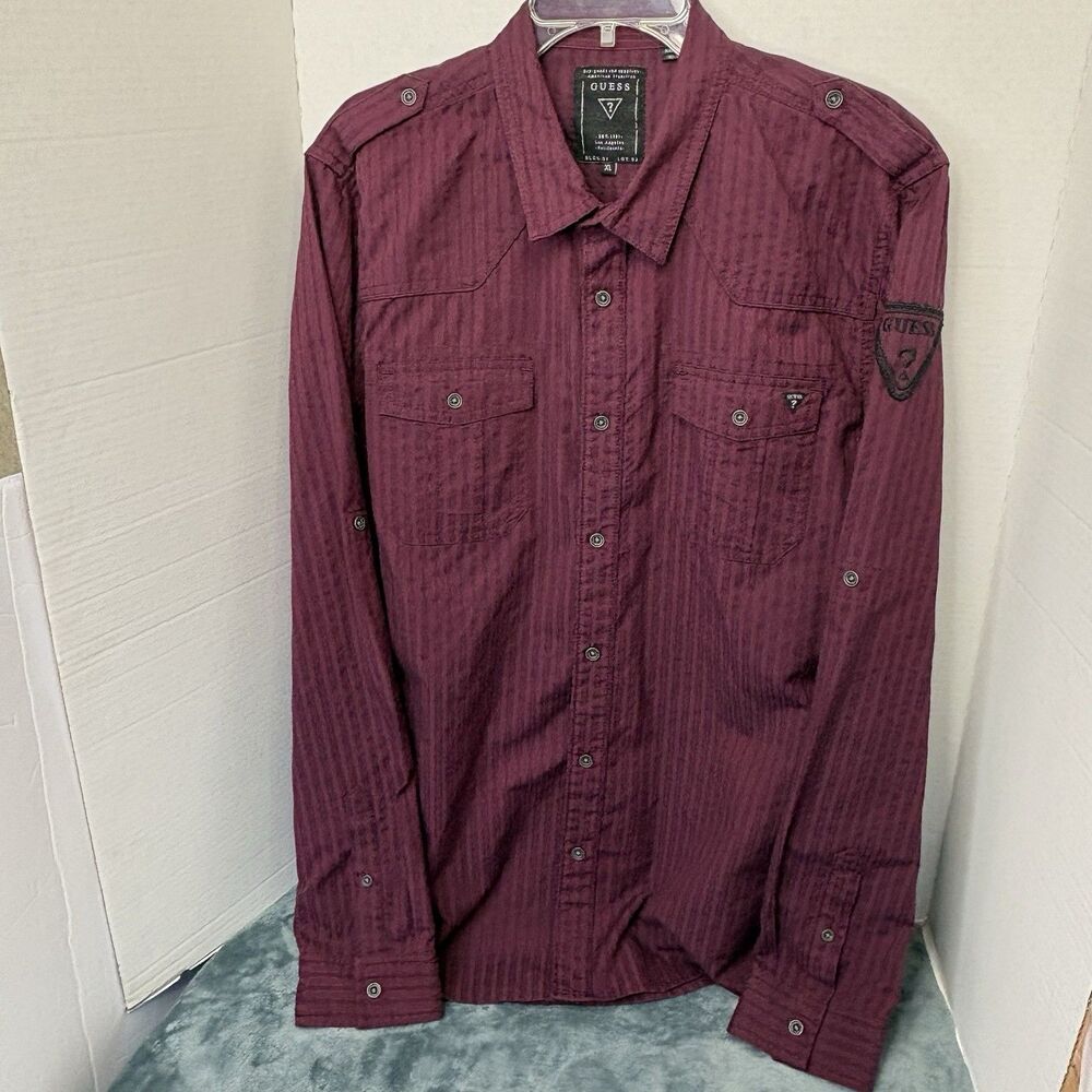 Vintage Guess Ribbed Shadow Striped Burgandy Long-Sleeve Dress Shirt Men's XL